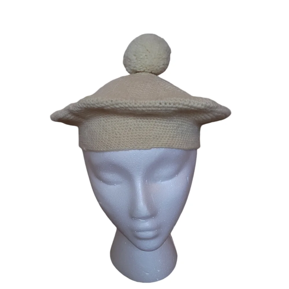 Vintage Cream Knit Pom Pom Beret - Picture 2 of 5